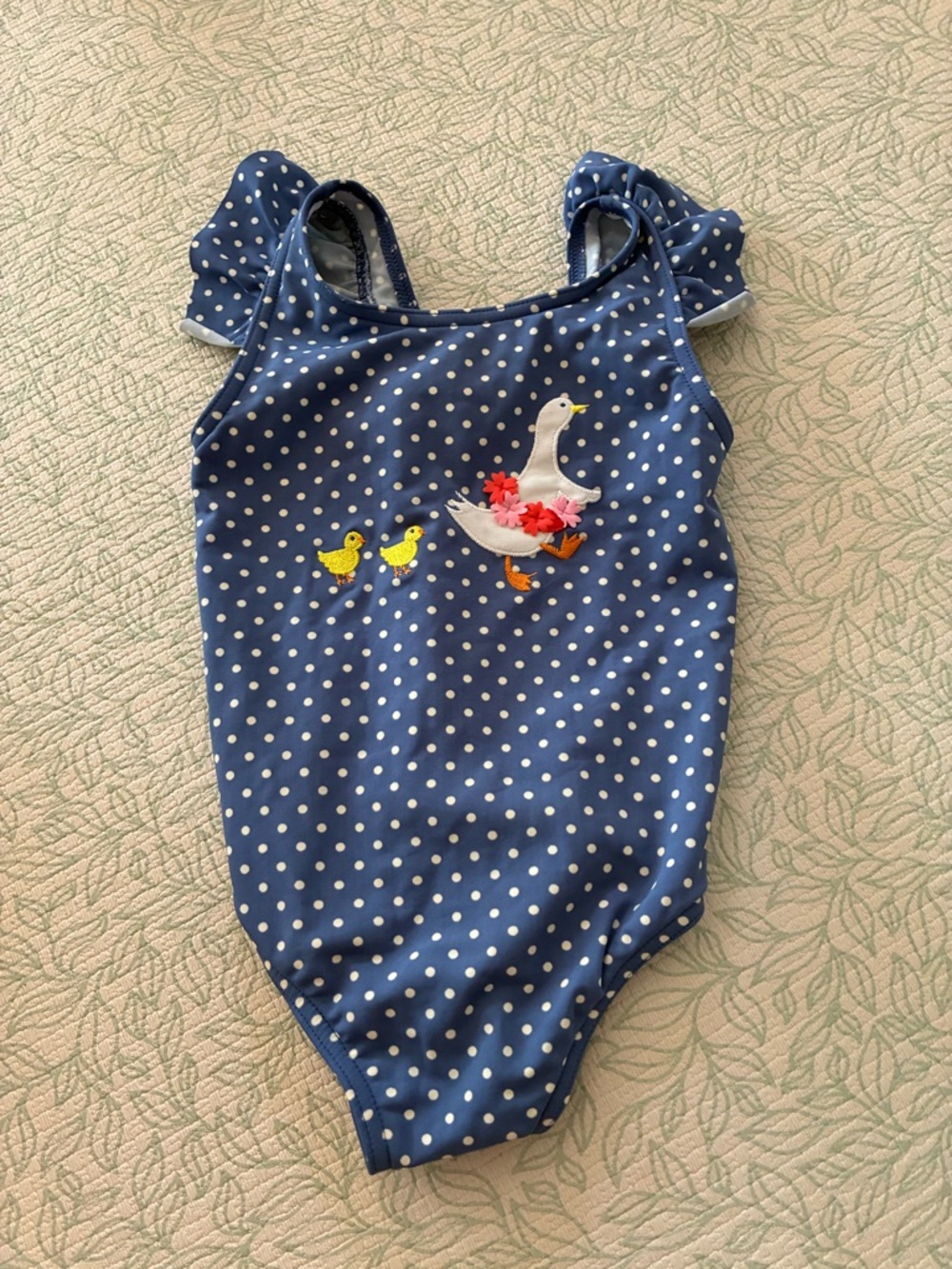 Baby Boden Navy Blue Polka Dot One-Piece Swimsuit with Duck Applique